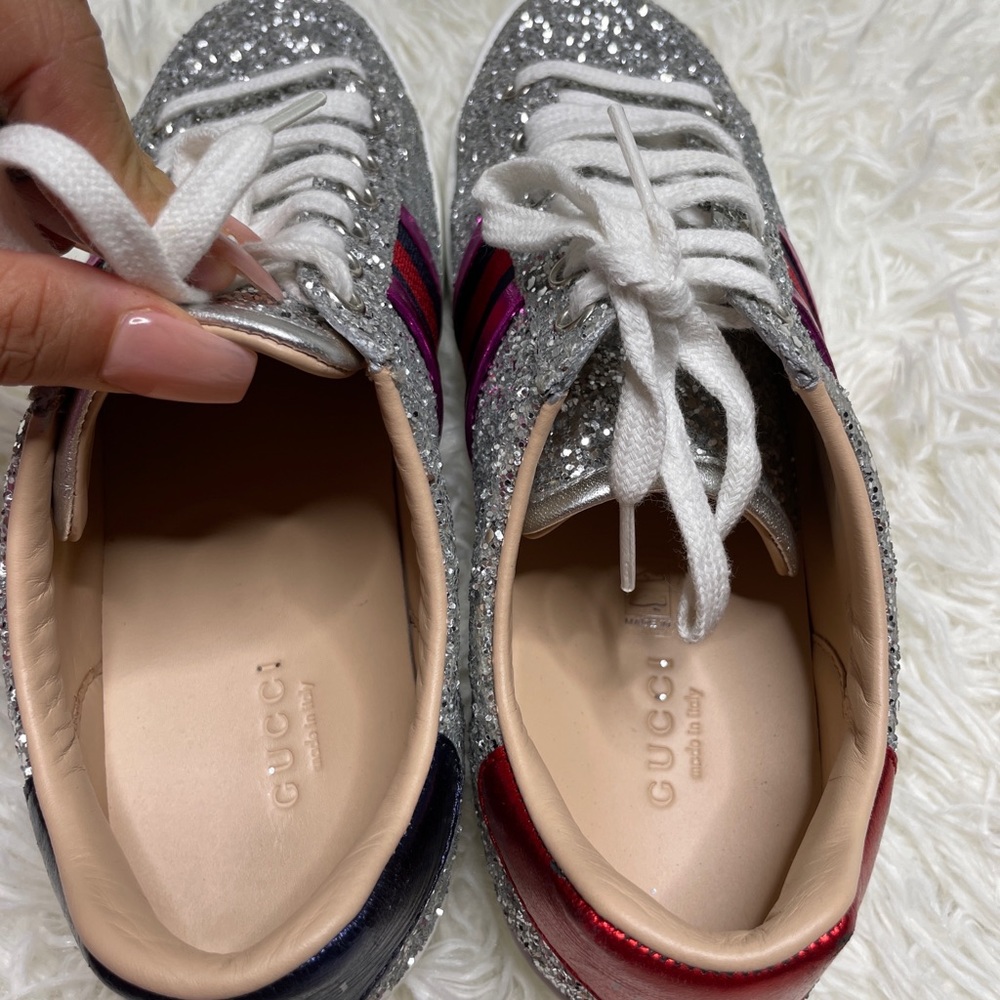 Gucci Silver Glitter Sneakers with Pink and Black Web - Picture 5 of 11
